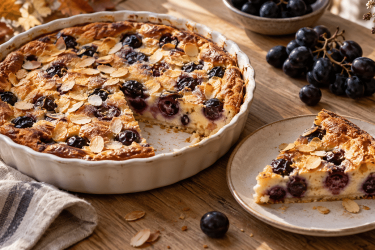 Ce clafoutis aux raisins cache des grains presque confits sous ses amandes dorées