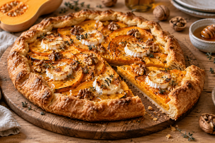 Cette tarte rustique au butternut garde une pâte dorée sous son chèvre fondant