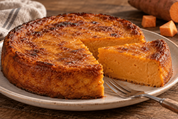 Ce gâteau-flan à la patate douce garde un cœur fondant sous sa croûte brunie