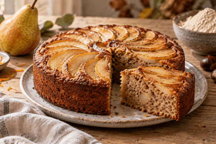 Sous sa rosace de poires, ce gâteau cache une mie à la châtaigne parfumée d’orange