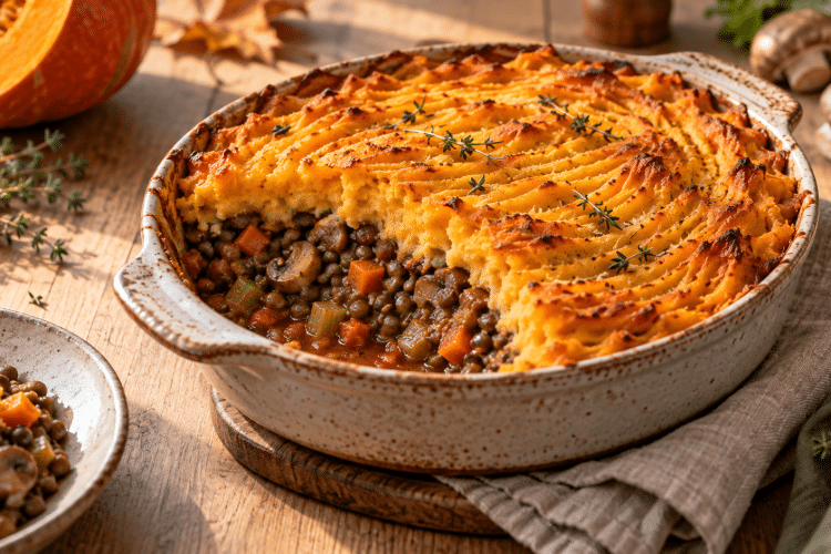 Ce parmentier sans viande cache lentilles et champignons sous une purée de potimarron